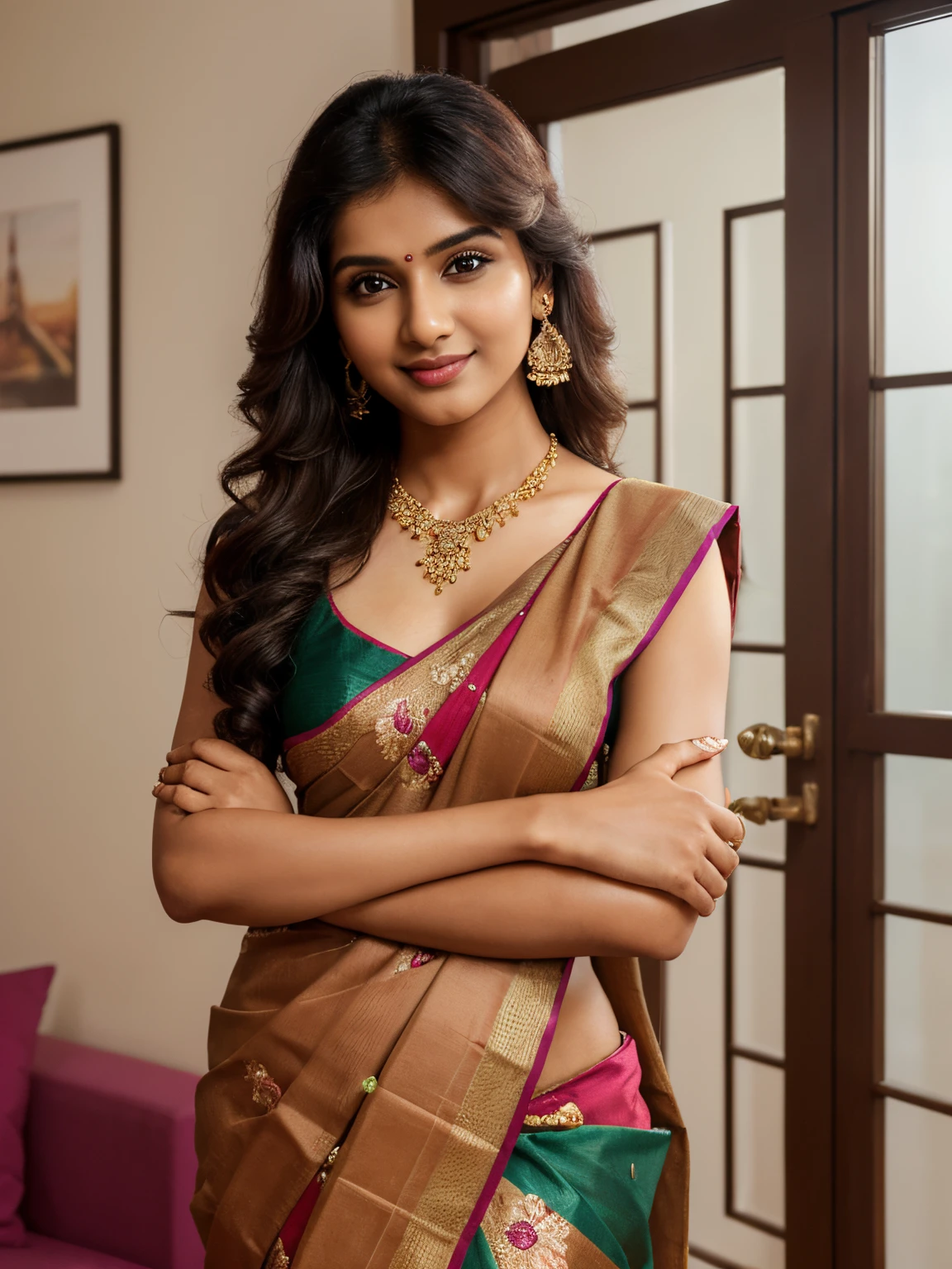 (masterpiece, high quality, HD, 32k, 64k), portrait of 25 year old extremely beautiful Tamil girl, (cute smile:0.6), (look at viewer), (fully clothed:1.6 floral saree, designer blouse, petticoat), (leaning:1.6 against the wall), inside the living room, soft colors, bright lighting, cinematic effects, backlit, shining skin, very long black hair, (arms crossed:1.6), (bangles, thin necklace, ear stud, wrist watch), (extremely beautiful:1.2 face & ears & cheeks & nose & lips & neck & hands & arms & 5 fingers & body parts & skin & curves), (background:1.6 wallpapers, tube lights, ceiling fan, door, windows, sofa, showcase, TV ), (full body shot :1.6 from bottom)