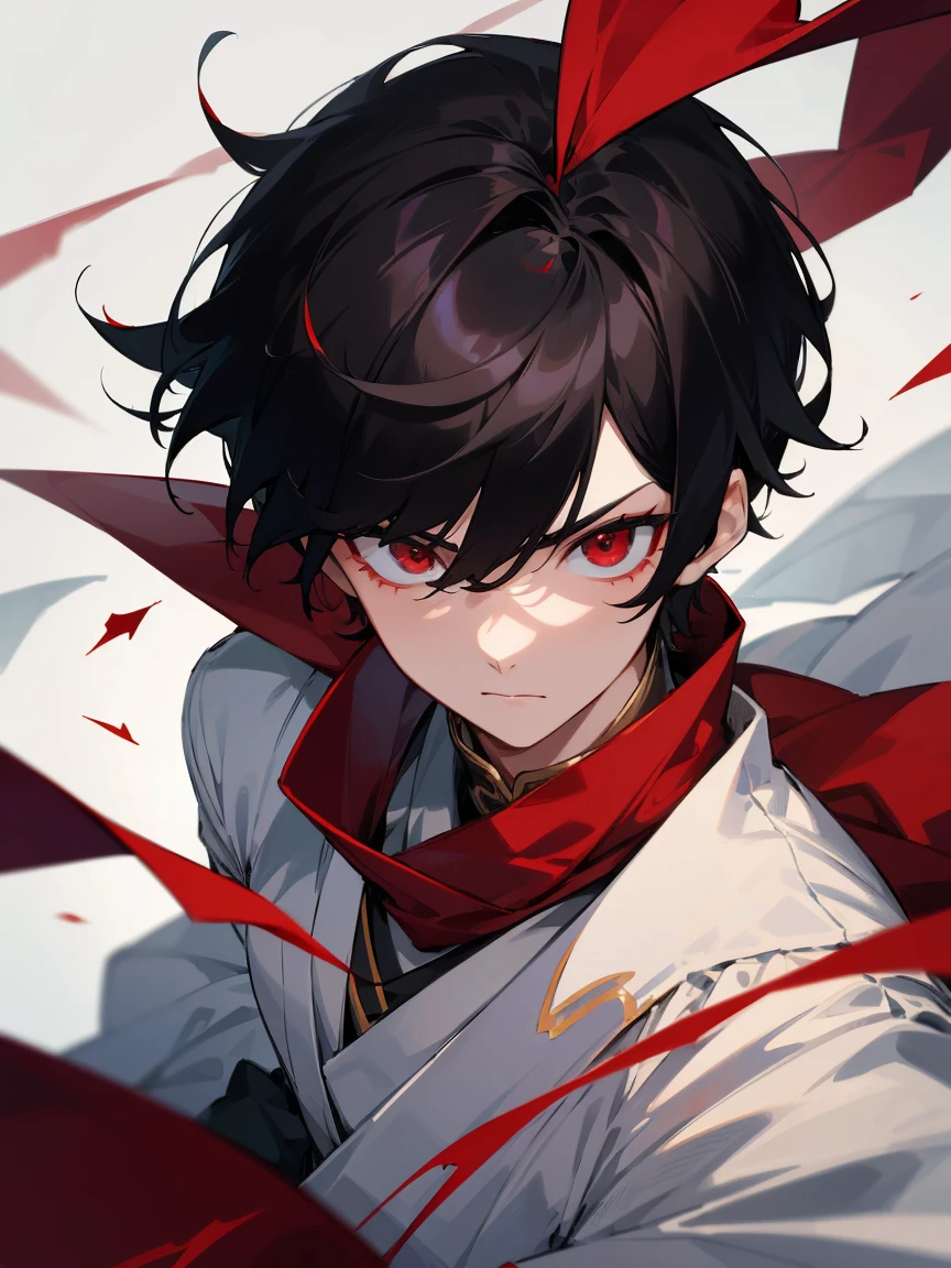 1 boy, with short black hair, red eyes, Wearing white Chinese clothing, Tie a red ribbon as a scarf, Serious, surrounded by broken glass, Close-up of face captured by camera, looking at viewert, Ridiculous resources, A high resolution, Super sharp, 8K, tmasterpiece