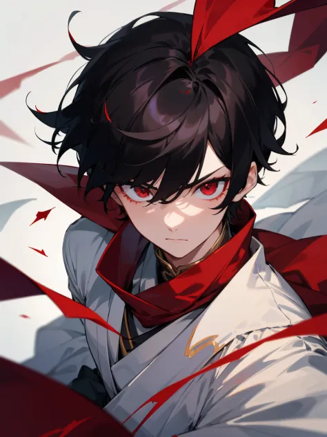 1 boy, with short black hair, red eyes, wearing white chinese clothing, tie a red ribbon as a scarf, serious, surrounded by brok...