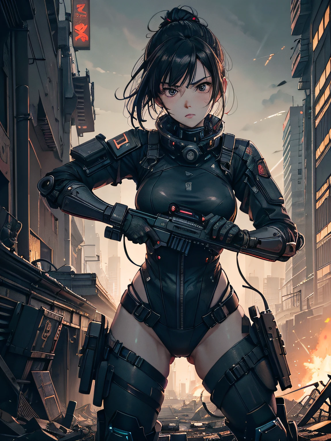 Dystopian future style image, A female soldier in high tech gear fighting in an urban warzone, dynamic pose, beautiful image, detailed face, 8k, gritty, dark anime, in the background a destroyed cityscape, neon lights, nighttime, highly detailed, maximalist, style like masamune shirow