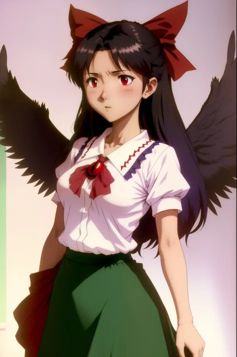 reiuji utsuho
third eye
hair bow
shirt
puffy short sleeves
skirt
wings  evangelion anime style