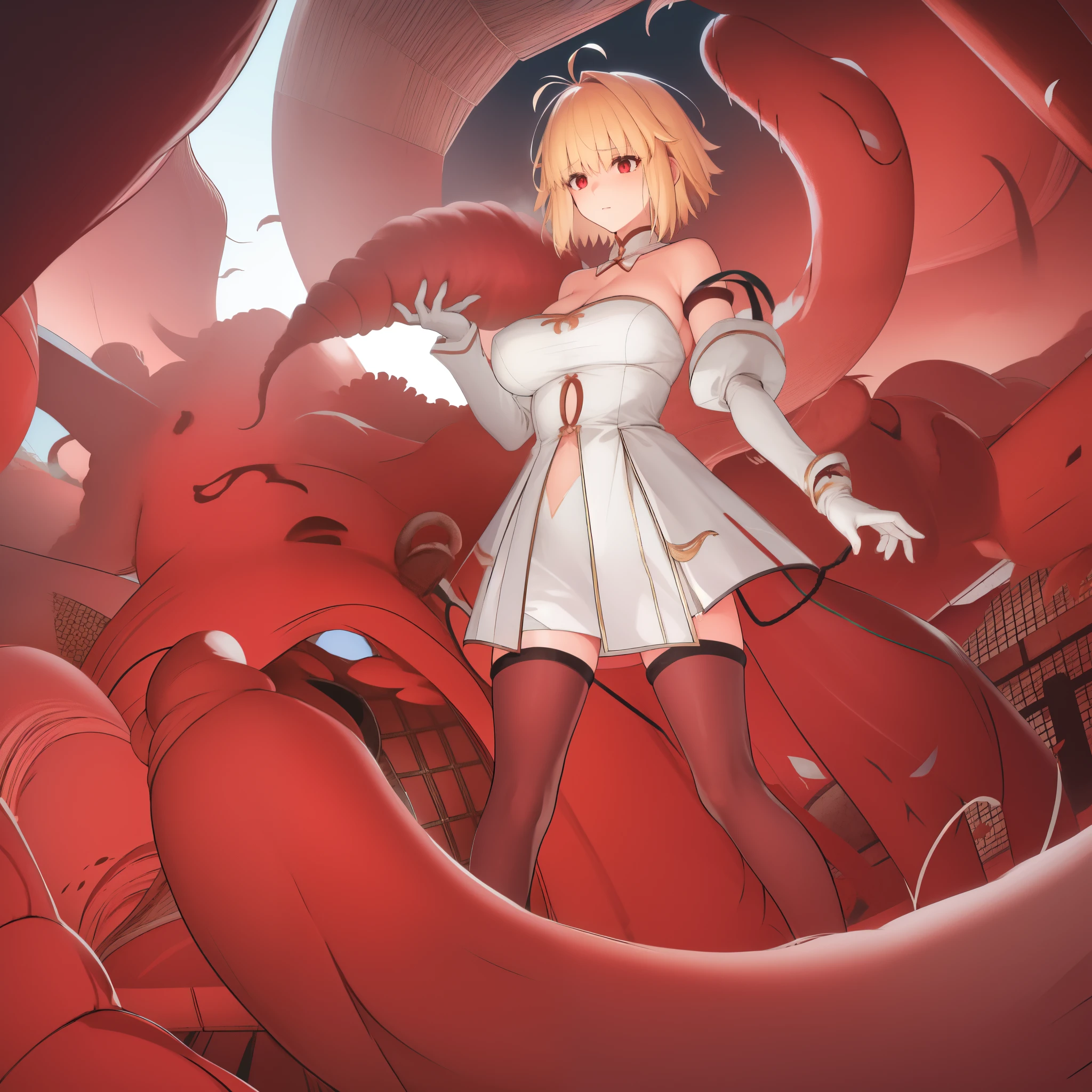 Anime girl in white dress surrounded by giant red octopus tentacles -  SeaArt AI