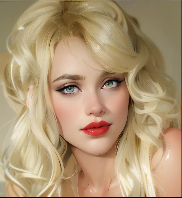 a close up of a woman with long blonde hair and red lipstick, blonde hair and large eyes, wide golden eyes and red lips, both have red lips, light-red lips, face like ester exposito, long blonde hair and large eyes, thick red lips, sexy red lips, small and thick red lips, long blonde hair and big eyes