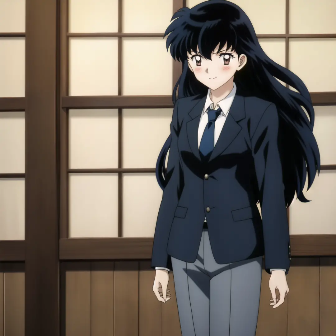 1GIRL , kagome higurashi , woman in formal attractive suit tuxedo tailcoat standing in a large alcove in the room, 1girl, solo, necktie, black hair, brown eyes, long hair, smile, jacket, looking at viewer, shirt, pants, blue necktie, collared shirt, white ...