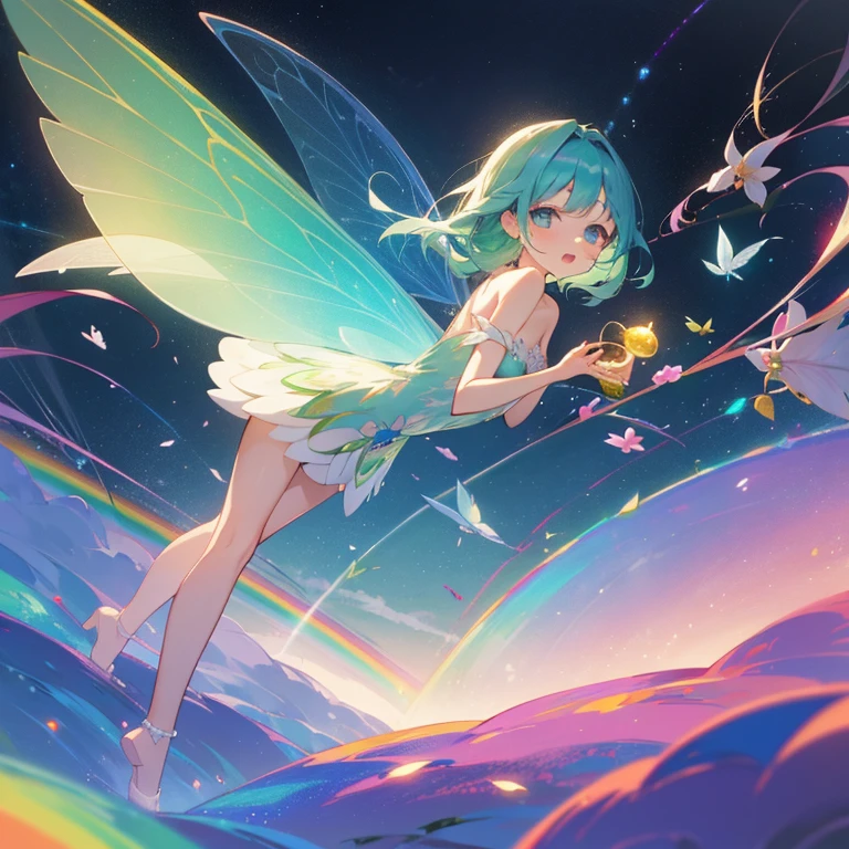 girl with,12year old,faerie,rainbows,Longhaire,Mystical,magia,florals,Has a small,fairy wing,Fantasia,Best Quality,high-level image quality,tinker bell,childish,发光,Planktonic