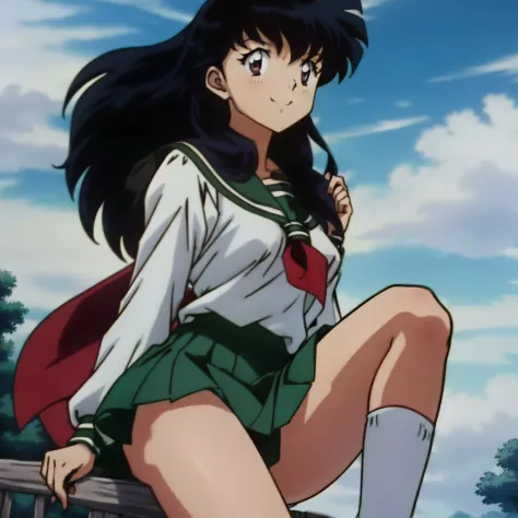 Best quality, masterpiece, HD, Kagome Higurashi, 1girl, school uniform, full body, young girl, full body , ((Anime)), ((colored)), breast, smile , thighs soft , red scarf , green skirt