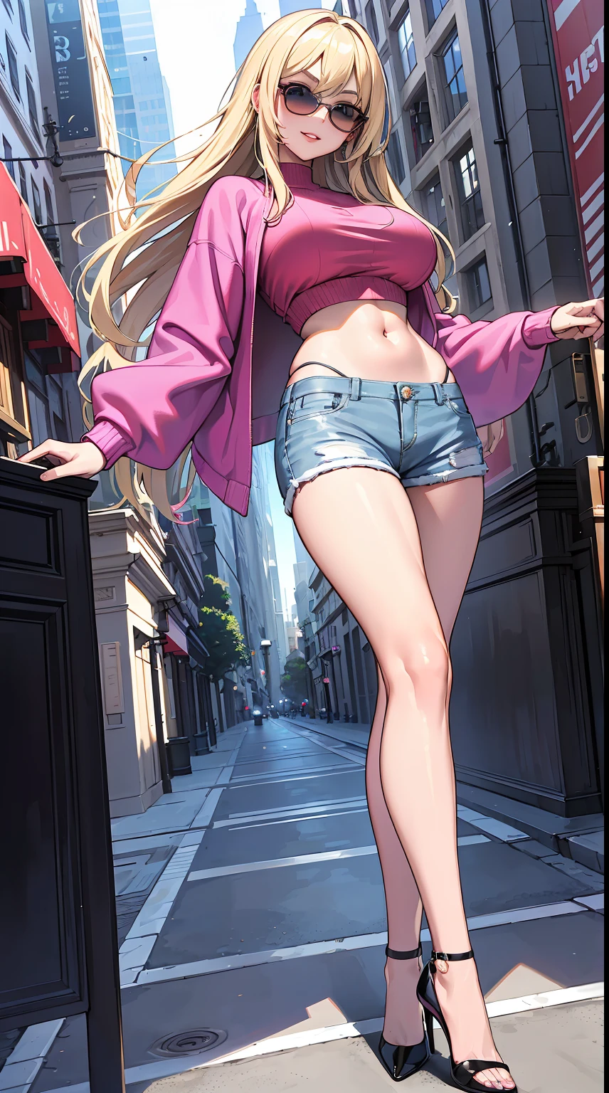 Anime girl in pink top and denim shorts posing on a city street - SeaArt AI