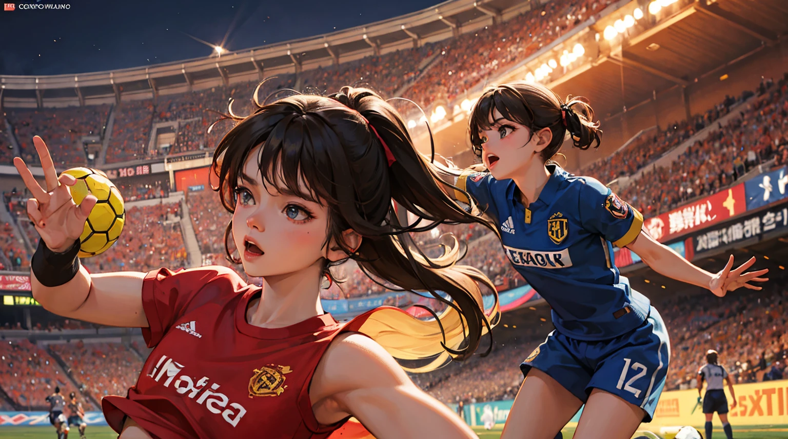 A wallpaper of a women's soccer match where the best player is in front