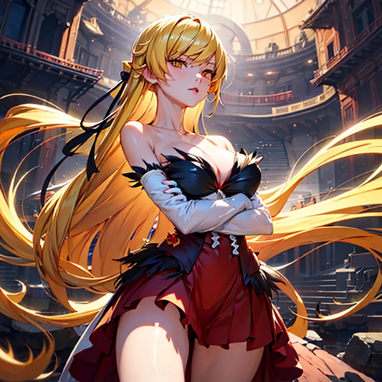 Top quality, best picture quality, masterpiece, detailed, high quality, visual art, 4K, 1 girl, solo, ((Oshino Shinobu, Kiss Shot Acerola Orion Heart Under Blade 2.0)), long hair, very long hair, beautiful blond hair, dress (black, red), long dress, big breasts, cleavage , collarbones, gloves, elbow gloves, golden eyes, cool, cold expression,