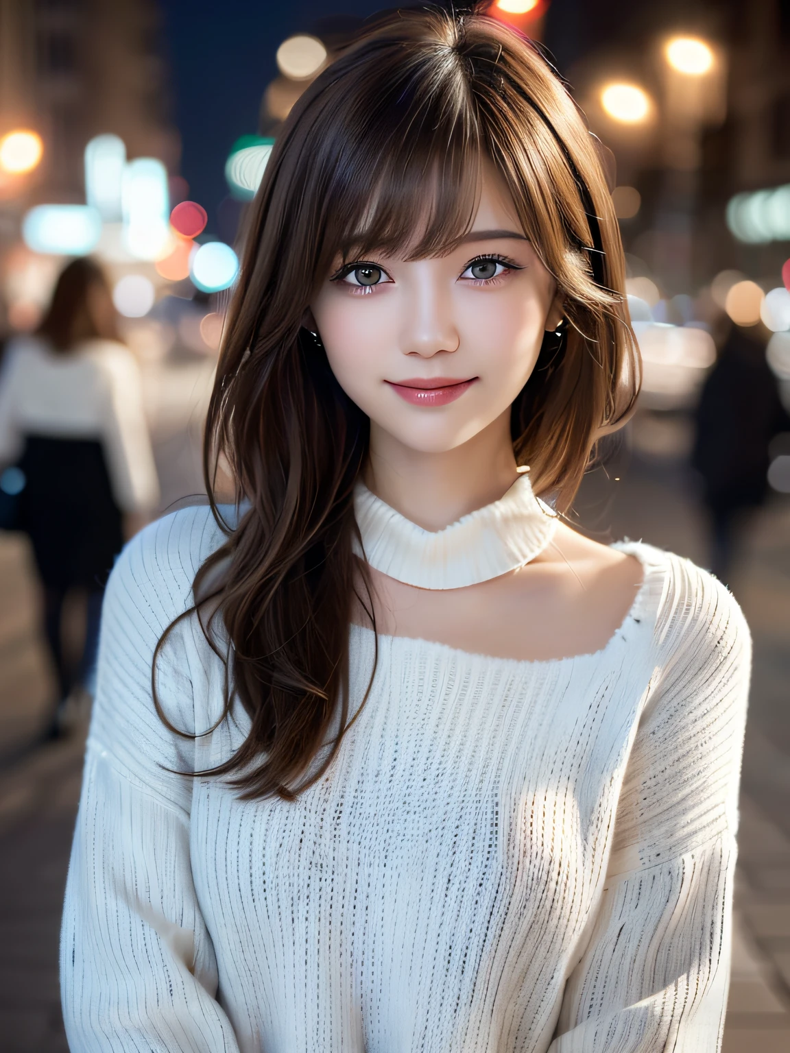1girl in,(White sweater:1.4),(Fur trim,:1.2), (Raw photo, Best Quality), (Realistic, Photorealsitic:1.4), masutepiece, extremely delicate and beautiful, Extremely detailed, 8k wallpaper, amazing, finely detail, extremely detailed CG Unity, hight resolution, Soft light, Beautiful detailed 19 year old girl, extremely detailed eye and face, beautiful detailed nose, Beautiful detailed eyes,Cinematic lighting,city light at night,Perfect Anatomy,Slender body,Smiling  (hair messy, asymmetrical bangs, light brown hair,)