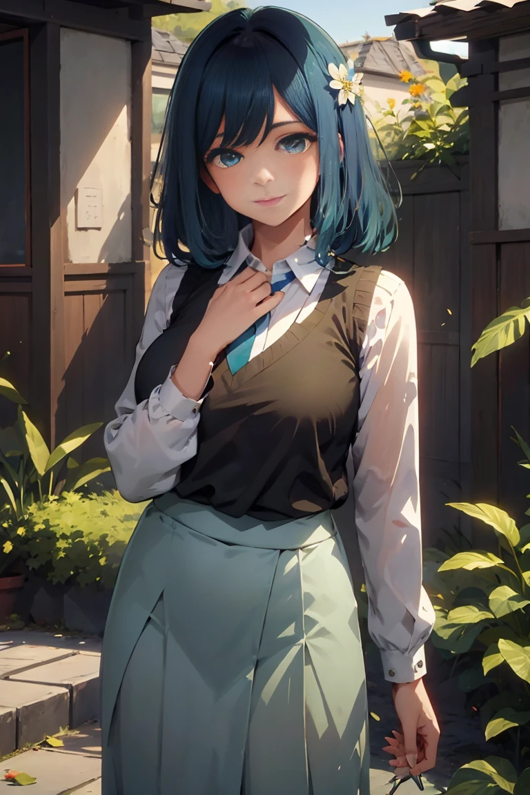 akanekurokawa, 1girl, blue hair, green eyes, bangs,a girl,wearing an elegant 100% transparent saree,curly long hair,deep black eyes,shiny red lips,brown skin,lotus flower in her hair,bindi on forehead,palms decorated with henna,in a blooming garden,bright colorful flowers,green grass,blue sky,sunshine falling on her,peaceful and serene expression,subtle smile on her face,fingers delicately touching flower petals,body language full of grace and elegance, scenic beauty,painting as medium,detailed and vivid,high-resolution image,photorealistic rendering,vibrant colors,soft and warm lighting, her  exposed, pussy, and clitoric can be seen