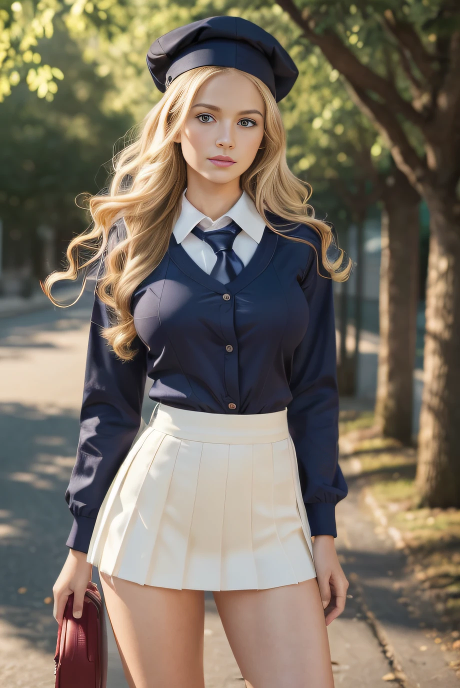 Realistic photo of a beautiful elegant lady, fashion model, (skin texture:1.1), (detailed eyes), (blonde hair), (long wavy hair), (detailed face), (skin pores), (legs), (broad shoulders), (lean perfect body), (((24DD breasts))), pale skin, ((highly detail school girl uniform sexy breasts covered with school hat)), standing outside, facing the camera, (masterpiece), (photorealistic:1.4), RAW photo, best quality, high res, rich colors, backlight, bright sunlight, cinematic lighting, film grain, raw photo, 50mm lens, Nikon D850, cool colors, golden ratio