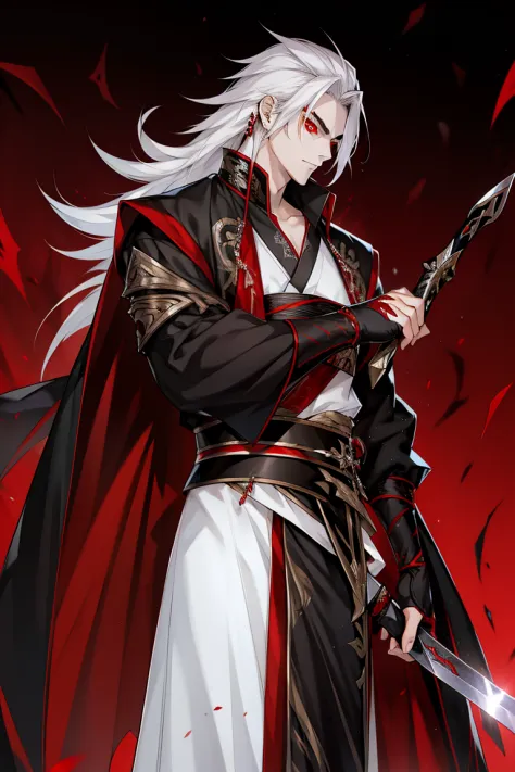 vampire man, hanfu, long sword, cabelos preto e longos, red eyes