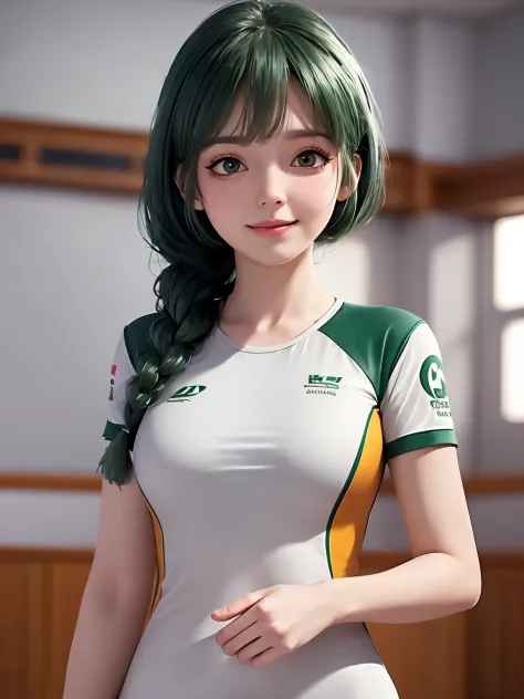 , up do hair- green, no makeup, beautiful white skin,1lady solo, /(volleyball uniform/), bangs, blush light smile, (masterpiece ...
