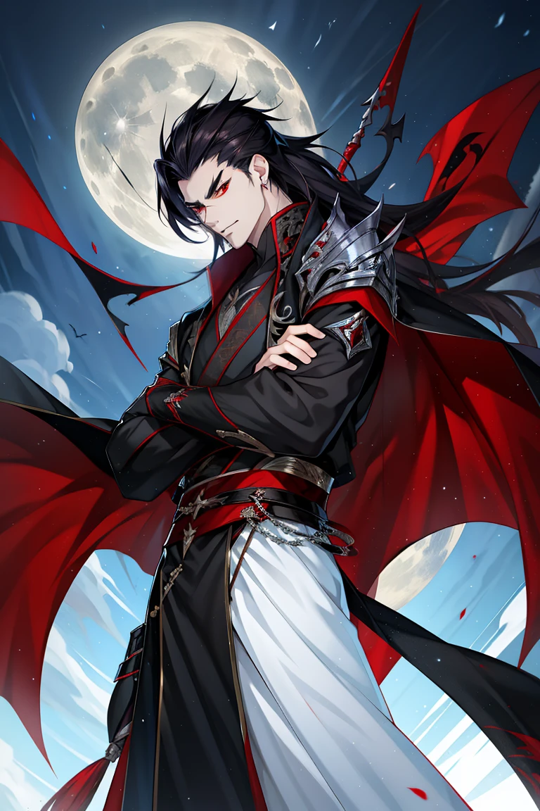 vampire man, Hanfu, long sword, cabelos preto e longos, red eyes，the night，starrysky，rays of moonlight，Asian architecture，Best quality at best，16k,tmasterpiece，