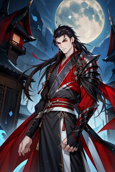 vampire man, Hanfu, long sword, cabelos preto e longos, red eyes，the night，starrysky，rays of moonlight，Asian architecture，Best q...