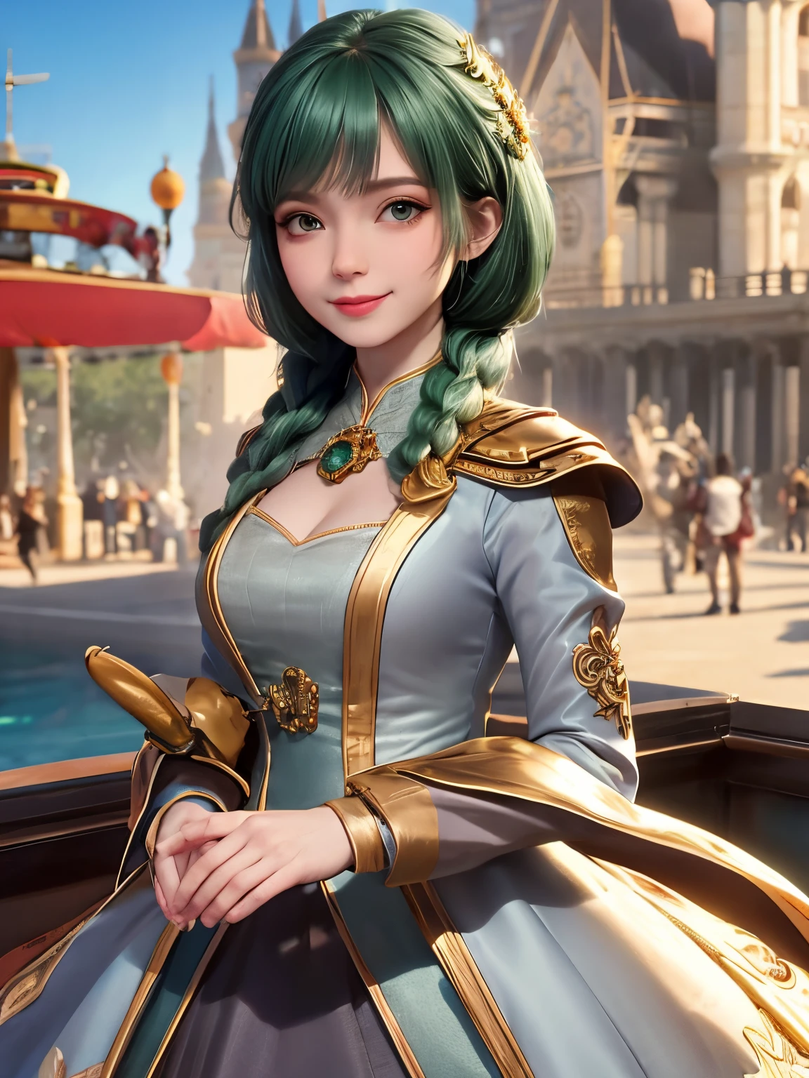 , up do hair- green, no makeup, beautiful white skin,1lady solo, /(stylish outfit/),  bangs, blush kind smile, (eyes sparkling with excitement), (masterpiece best quality:1.2) delicate illustration ultra-detailed, large breasts BREAK (holding colorful balloon) BREAK (theme park:1.1) outdoors, giant Ferris wheel