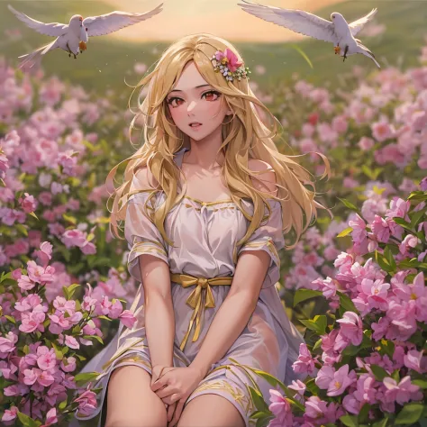 ((best quality, 8k, masterpiece:1.3)), 1girl, lovely angel, flaxen hair, cherry-lipped beauty, sit on the flowering alfalfa, sin...