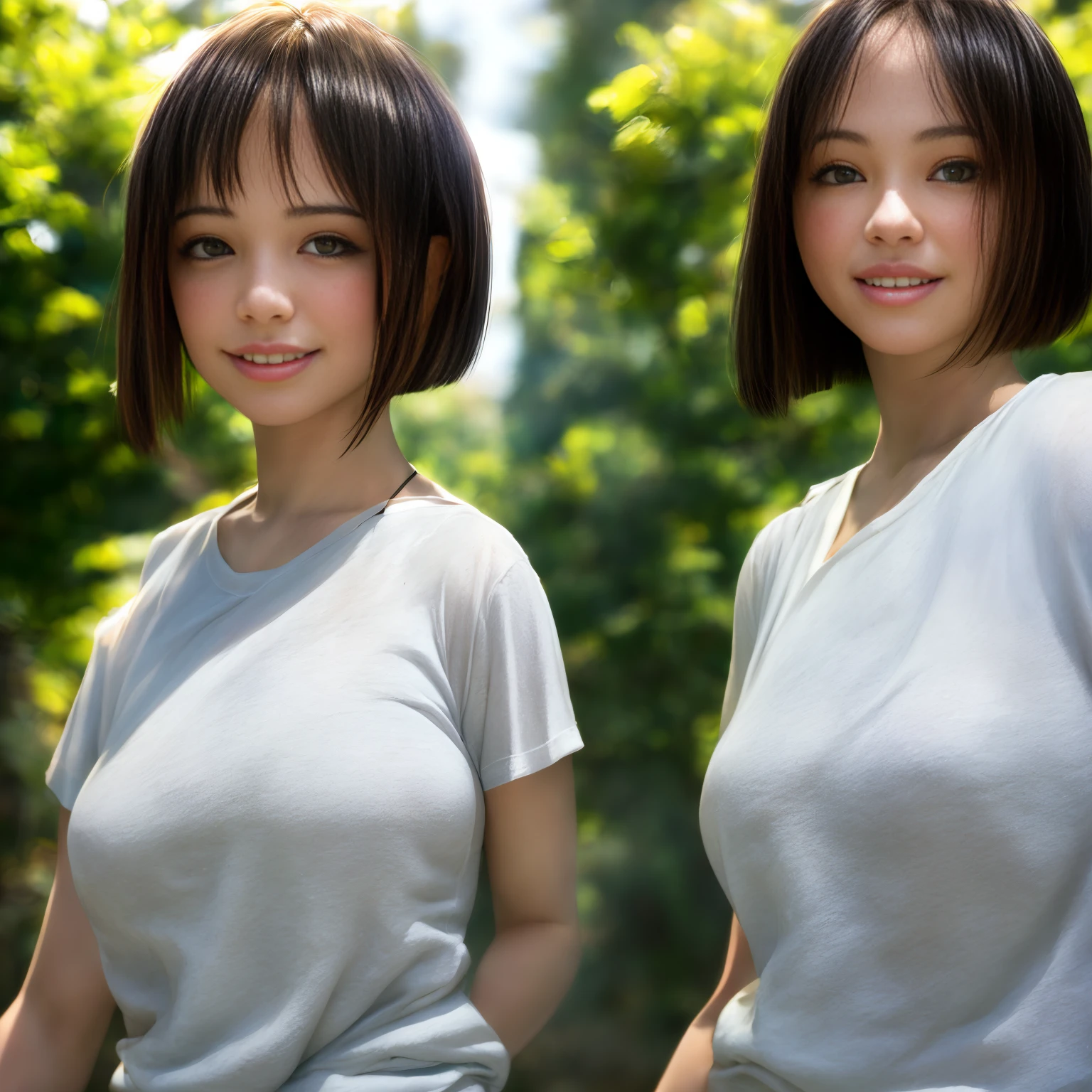 of the highest quality, masutepiece, Ultra high definition, (Photorealistic: 1.4), (Look off: 1.4), Don't look at the camera, Raw photo, One girl, Dark hair, (Straight Bob: 1.4), (Patsun: 1.4), Bangs, Smile, Glossy skin, Dramatic Lighting, neat, T-shirt, White summer sweater, (Big: 0.9), a park