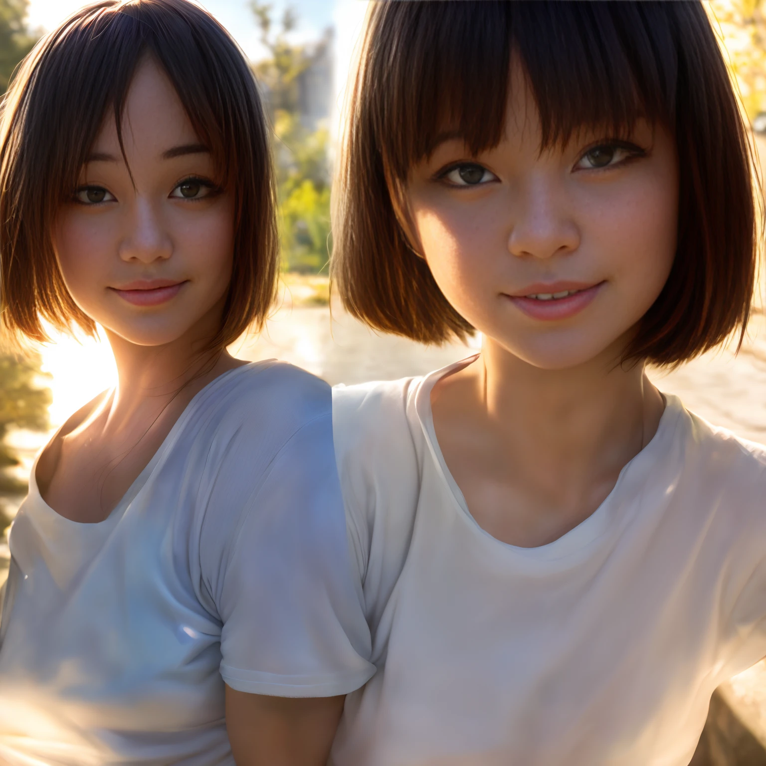 of the highest quality, masutepiece, Ultra high definition, (Photorealistic: 1.4), (Look off: 1.4), Don't look at the camera, Raw photo, One girl, Dark hair, (Straight Bob: 1.4), (Patsun: 1.4), Bangs, Smile, Glossy skin, Dramatic Lighting, neat, T-shirt, White summer sweater, (Big: 0.9), a park