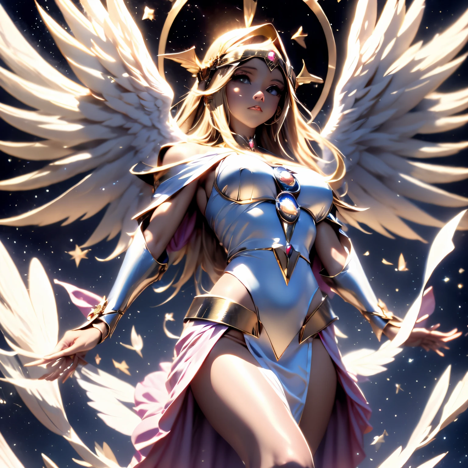 Dark Magician Girl en tant qu'ange à huit ailes avec une auréole éblouissante au-dessus de l'ange&#39;Tête, et le fond de l&#39;image est le ciel. ange sorcier noir. art céleste. Ultra détaillé. qualité photographique.