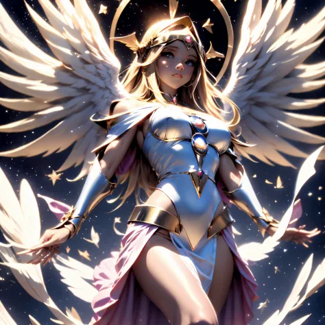 Dark magician girl as an 8-winged angel with a dazzling halo above the angel&#39;cabeza, y el fondo de la imagen es el cielo. da...