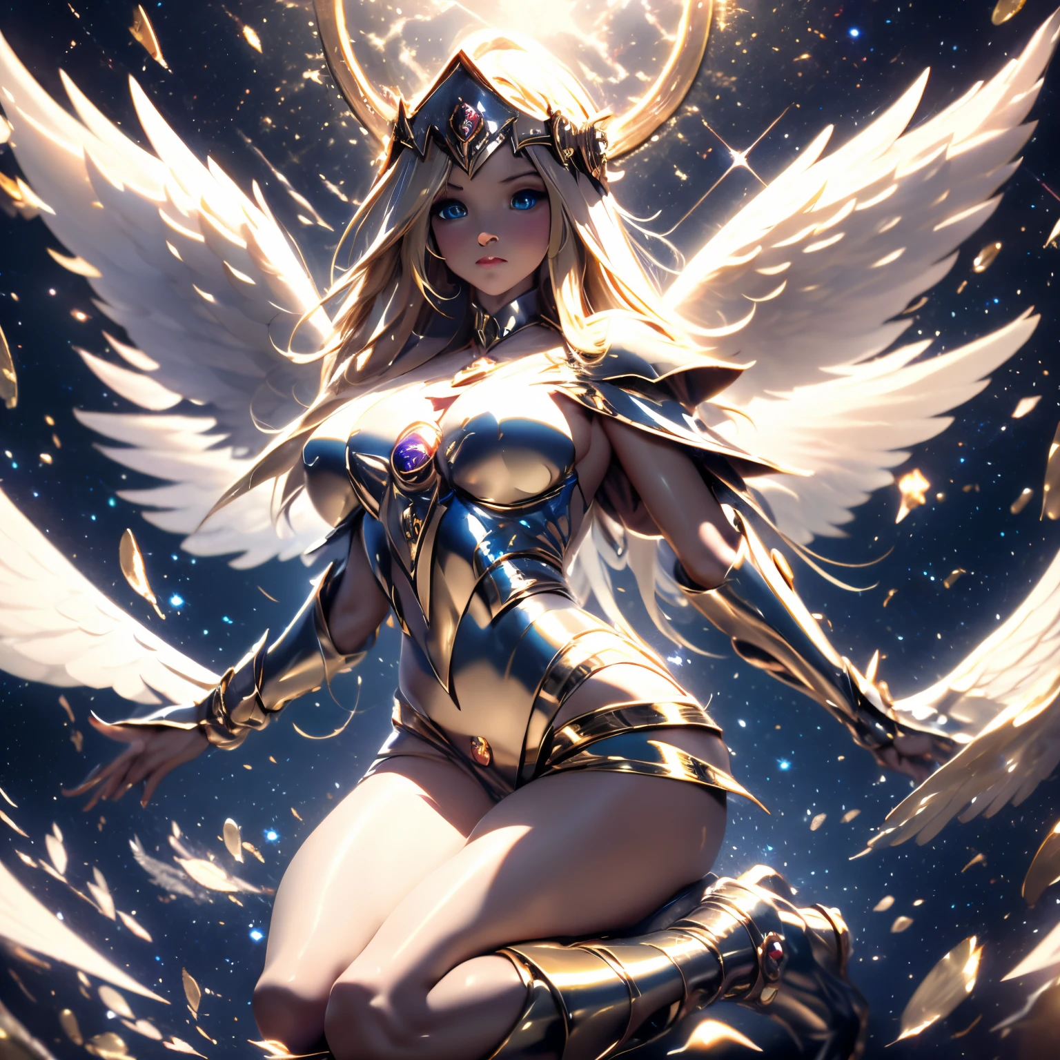 Chica maga oscura como un ángel de 8 alas con un halo deslumbrante sobre el ángel&#39;cabeza, y el fondo de la imagen es el cielo. ángel mago oscuro. arte celestiales. ultra detallado. Calidad fotográfica.