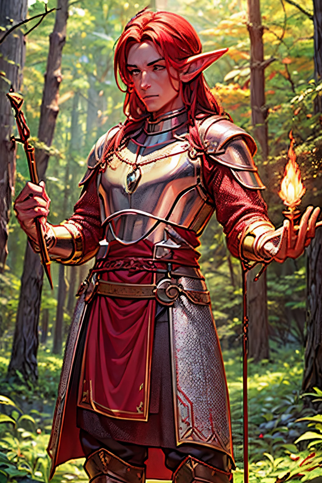 (best quality,4k,8k,highres,masterpiece:1.2) ultra-detailed, male, elf, red skin , summer, wizard, chain mail armour, enchanted staff, spellcasting, enchanted forest