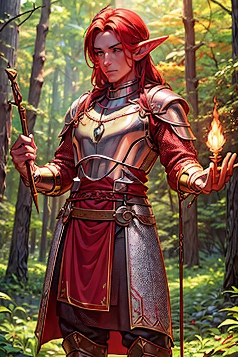 (best quality,4k,8k,highres,masterpiece:1.2) ultra-detailed, male, elf, red skin , summer, wizard, chain mail armour, enchanted ...