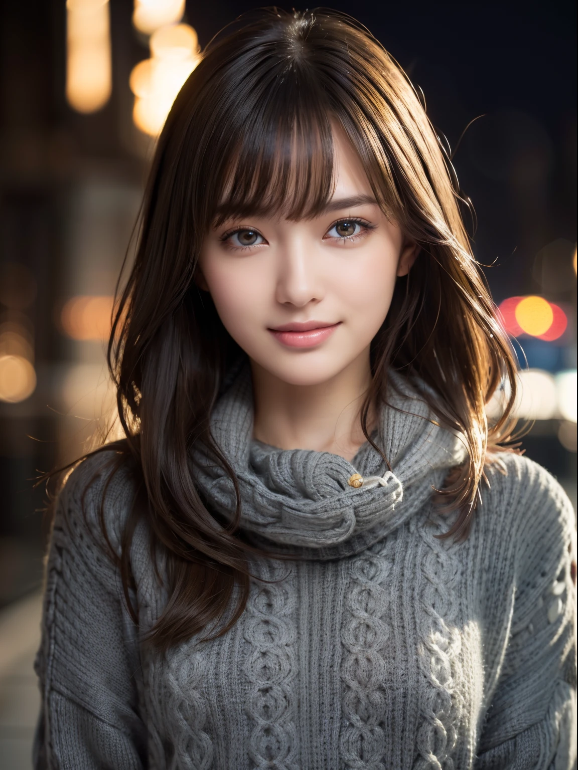 1girl in,(Dark grey sweater:1.4),(wears a large muffler around his neck:1.2), (Raw photo, Best Quality), (Realistic, Photorealsitic:1.4), masutepiece, extremely delicate and beautiful, Extremely detailed, 8k wallpaper, amazing, finely detail, extremely detailed CG Unity, hight resolution, Soft light, Beautiful detailed 19 year old girl, extremely detailed eye and face, beautiful detailed nose, Beautiful detailed eyes,Cinematic lighting,city light at night,Perfect Anatomy,Slender body,Smiling  (hair messy, asymmetrical bangs, light brown hair,)