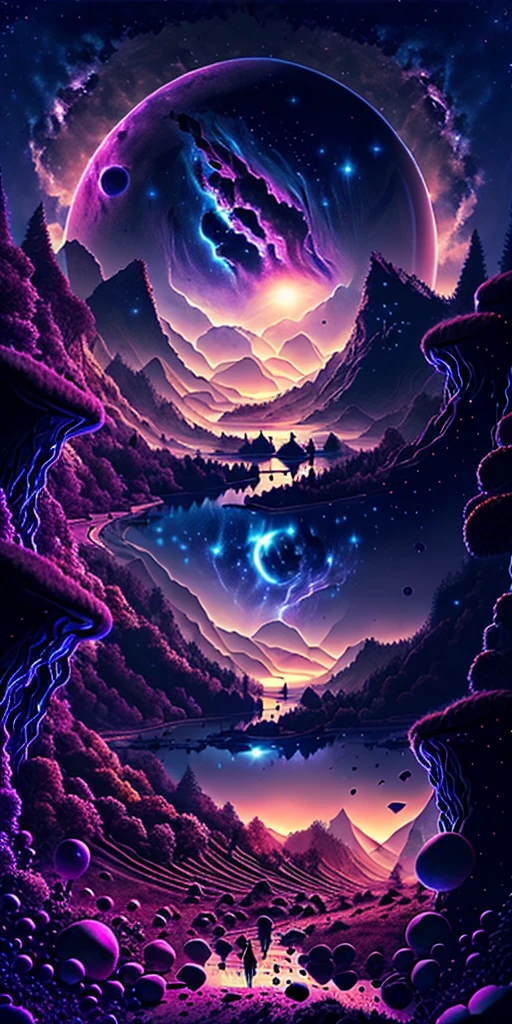 Paisagem de fantasia de tirar o fôlego,lindo,Colorida,Magia,altamente detalhado,criaturas,lindo sky,Estrelas,popa,lua estranha,imagem sua