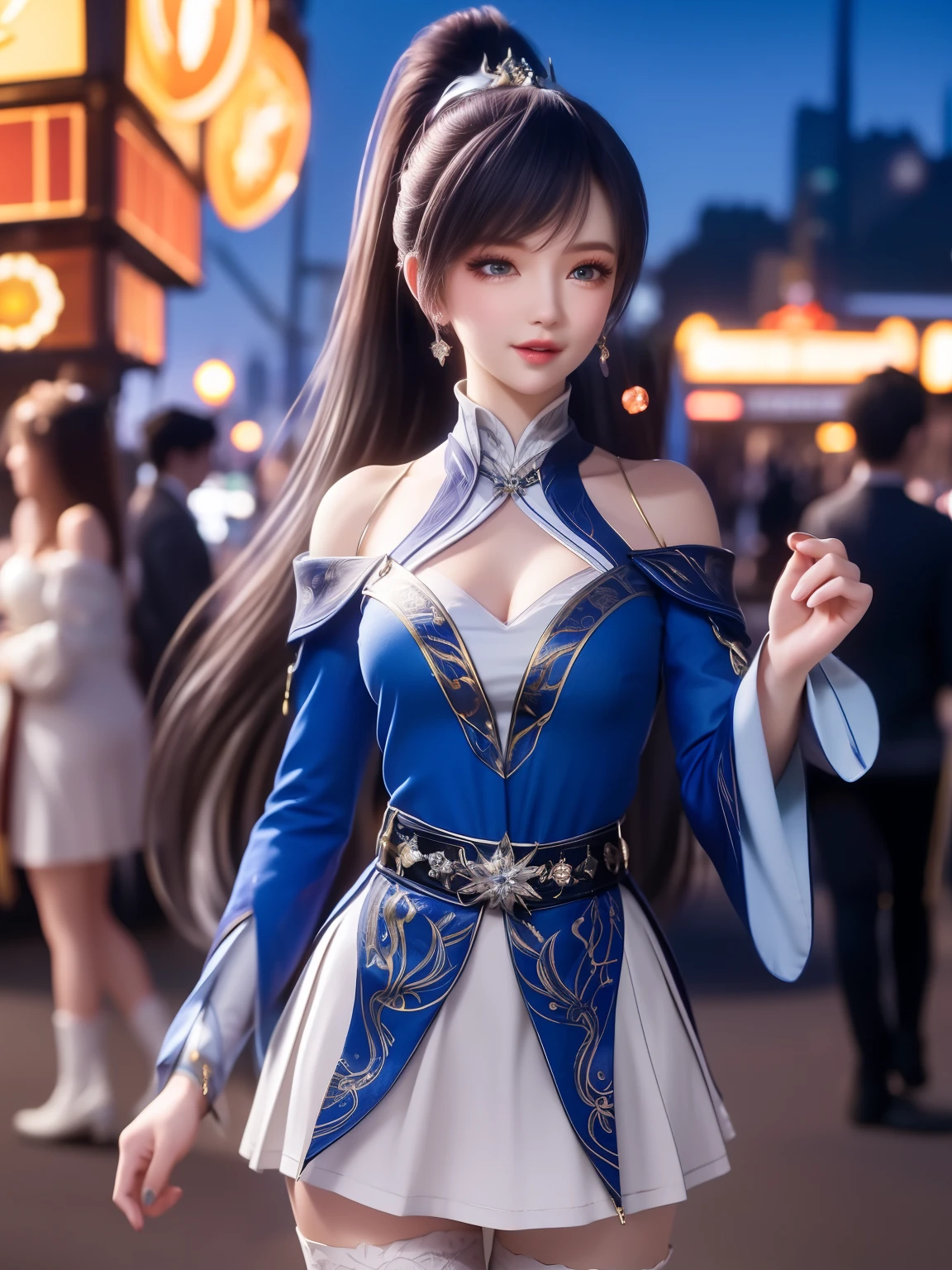 1girl, long hair, dress,hair ornament, cityscape, night, thighhighs, high collar,white skirt,ponytail, cowboy shot, long sleeves, belt,blue eyes,makeup,(best quality, masterpiece1.2), intricate detail, depth of field, 20 years old girl, off shoulder, night, festival, Amusement parks,, standing, Excited, hi