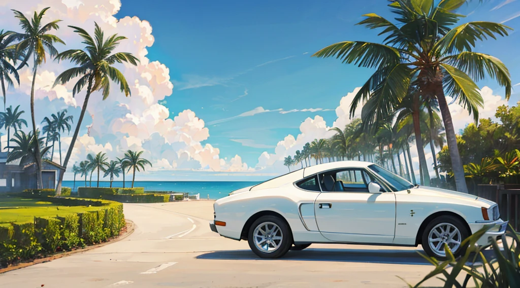 summer sky, seaside, palm tree, white classic car