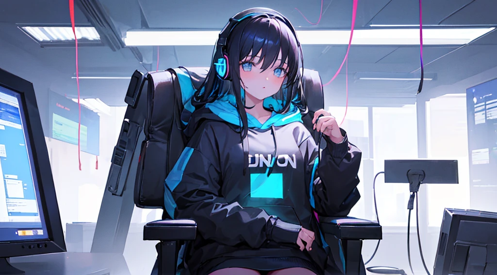 (1girl, black hair, long hair, headphones, hoodie, leaning back in the chair and looking up at the ceiling), (dark room, blue monitor light, blue neon)