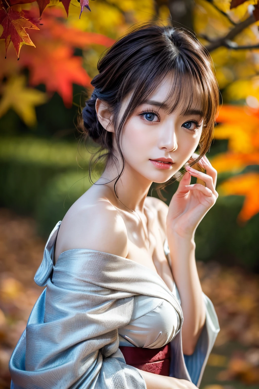 (masutepiece:1.3, Photorealsitic:1.4, 8K), top-quality, ​masterpiece, 超A high resolution, Professional camera work, Grow Light Effect, Realistic portrait, Cinematic Light, Highly detailed skin and facial texture:1.3, Perfect dynamic composition, The ultra-detailliert, A detailed eye, Detailed limbs, autumn night, Lit up, Autumn foliage scenery:1.2, 1girl in, Cute sexy 24 year old slim woman, Fair skin, Autumn leaves are dancing:1.2, (Enraptured look:0.9, Totally captivates you:1.0), (Silver kimono:1.35 off shoulder), (voluptuous breasts:0.9), (Backshots, Calm pose), (Beautiful blue eyes, Eyes that feel beautiful eros:0.85), Sexy face:0.4, (A mouthfeel that feels beautiful eros:0.85), ((Too cute beauty:0.9))
