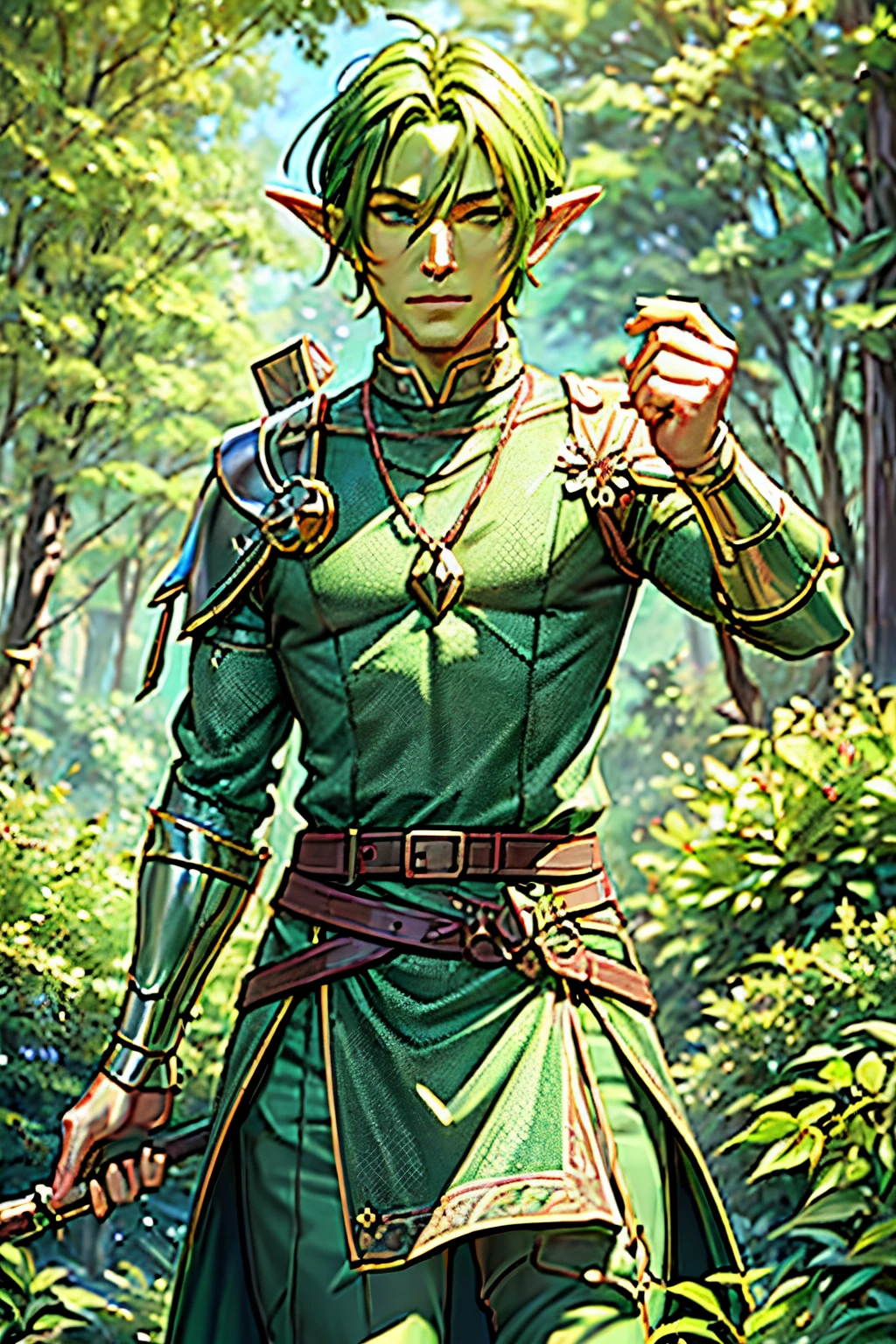 green skin (best quality,4k,8k,highres,masterpiece:1.2) ultra-detailed, man, male, elf, green skin , spring, wizard, chain mail armour, enchanted staff, spellcasting, enchanted forest