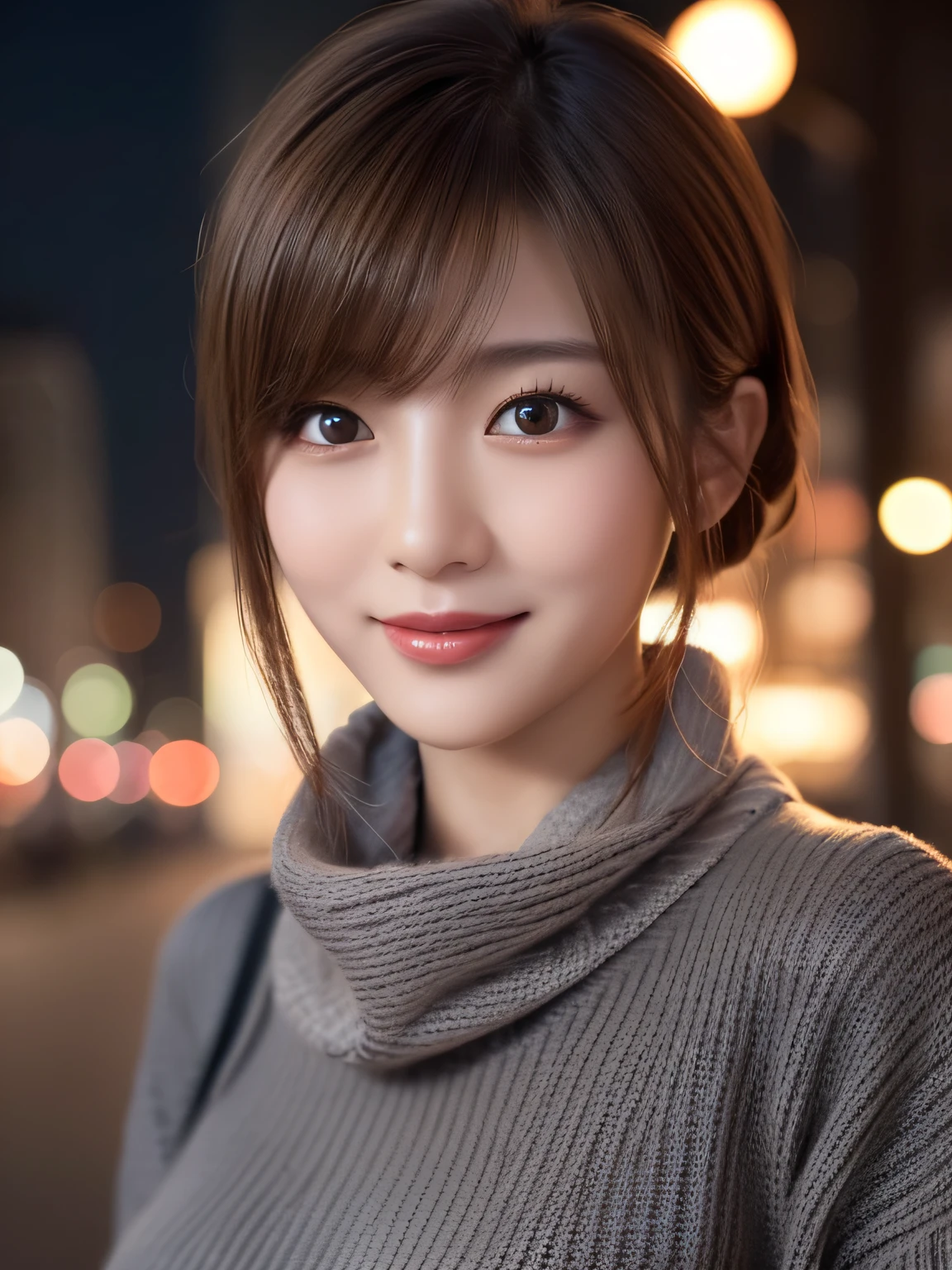 1 일본 소녀,(다크 그레이 스웨터:1.4),(목에 큰 머플러를 걸고 있다:1.2), (원시 사진, 최고의 품질), (현실적인, 사실적인:1.4), 테이블 탑, 매우 섬세하고 아름다운, 매우 상세한, 8K 벽지, 놀라운, 세세하게, 매우 상세한 CG 통일성, 최고 해상도, 부드러운 빛, 아름답고 상세한 19세 소녀, 매우 상세한 눈과 얼굴, 아름답고 섬세한 코, 아름다운 디테일한 눈,시네마틱 조명,밤에 도시의 불빛,완벽한 해부학,날씬한 몸매,웃고있는  (머리가 지저분하다, 비대칭 앞머리, 밝은 갈색 머리,)
