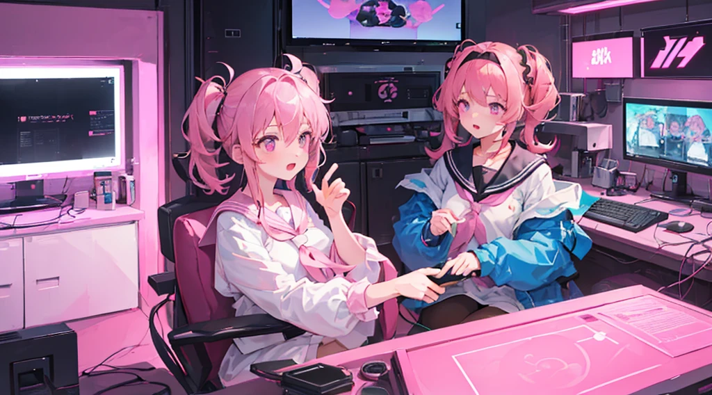 (3 girls, pink hair, pink eyes, sailor suit, kawaii, strategy meeting), (pink cyberpunk, room with big monitors, pink neon)