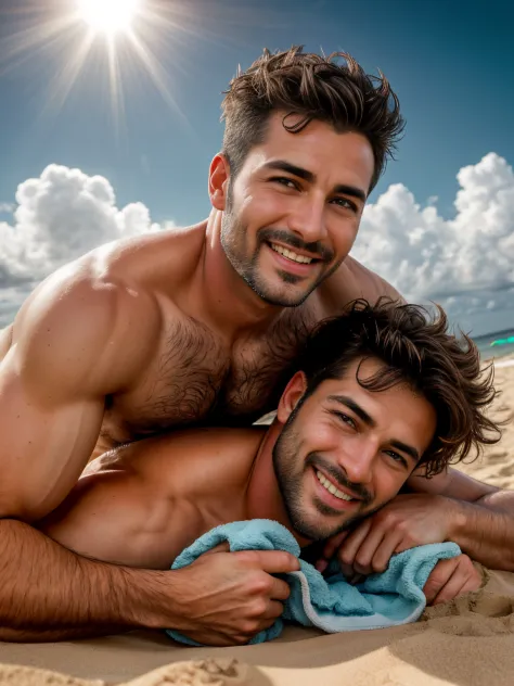 masterpiece, best quality, high resolution, closeup portrait, male focus, two men, two guys, 2 gay guys, 40 years old, grey hair, in speedo, two men, laying on the same towel in the sand, 2 men hugging and touching and laughing, romantic and sexual, grey s...