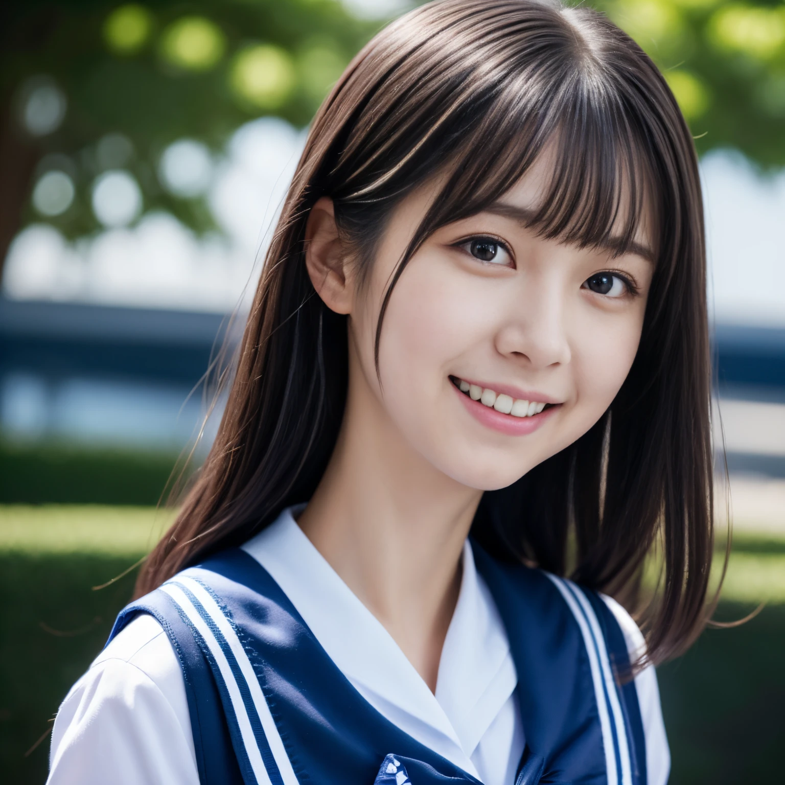 Close-up of a woman&#39;s face posing for a photo,  japanese model model, 17-year-old female model,  4K、bangss、A dark-haired、bobhair、Middle hair、Straight hair、(white  shirt, Sailor School Uniform, Dark blue pleated skirt:1.2),　(Super cute face in idol style:1.2)、slim and beautiful figure、beutiful breast、A smile、full body Esbian:1.5、The background is blue sky