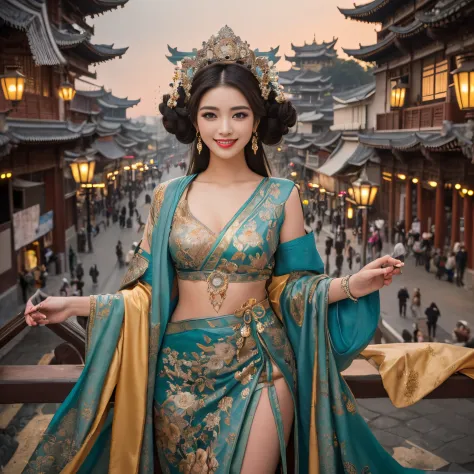 top-quality、masutepiece、8K、Top image quality、Highly complex and detailed  depictions))、(Photo of three Chinese prostitutes:1.5)、Chinese garrison  house at night、((Huge costume of the most gorgeous Chinese prostitute、the  most vivid and luxurious