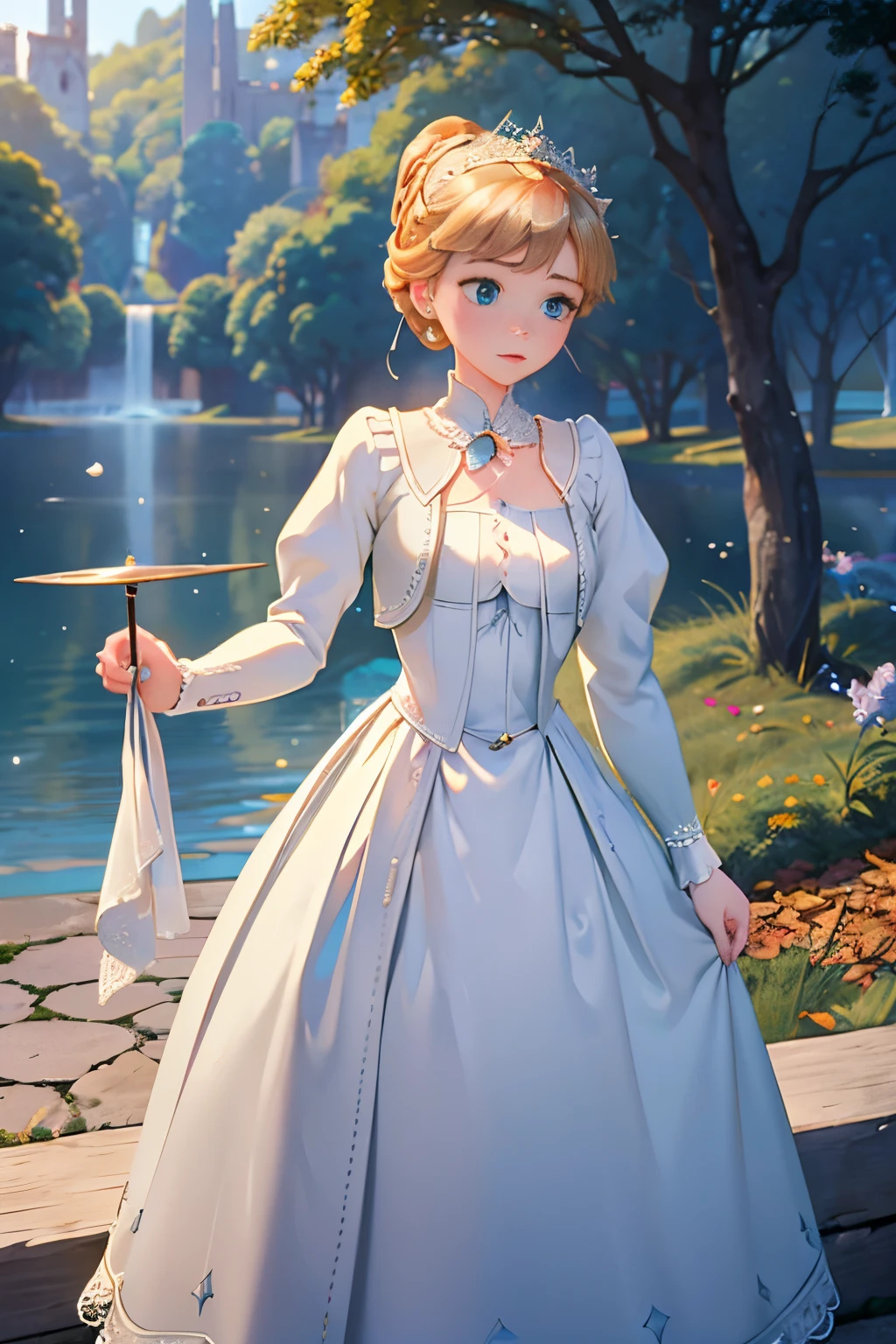 IImagine fifteen-year-old Virginia Otis, a blonde woman with blue eyes, standing near a majestic ancient oak tree. She wears a modest but elegant white summer Victorian dress, adorned with subtle lace accents. A pair of classic pearl earrings graze her delicate ears, while she holds a copy of Charles Dickens' novel “A Christmas Carol.” In her left hand, she holds a magnifying glass, a symbol of her unwavering dedication to seeking the truths behind ghostly events. Surrounded by the serenity of nature and the enigmas of history, this image of her portrays her unique mix of intellect and romanticism.