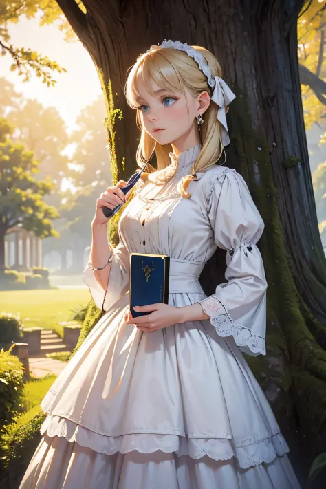 IImagine fifteen-year-old Virginia Otis, a blonde woman with blue eyes, standing near a majestic ancient oak tree. She wears a m...