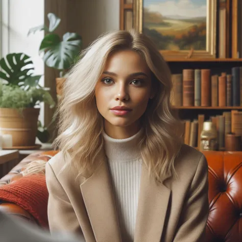 arafa woman sitting on a sofa in a room with a bookshelf, infp mulher jovem, uma menina com cabelo loiro, mulher jovem sofistica...