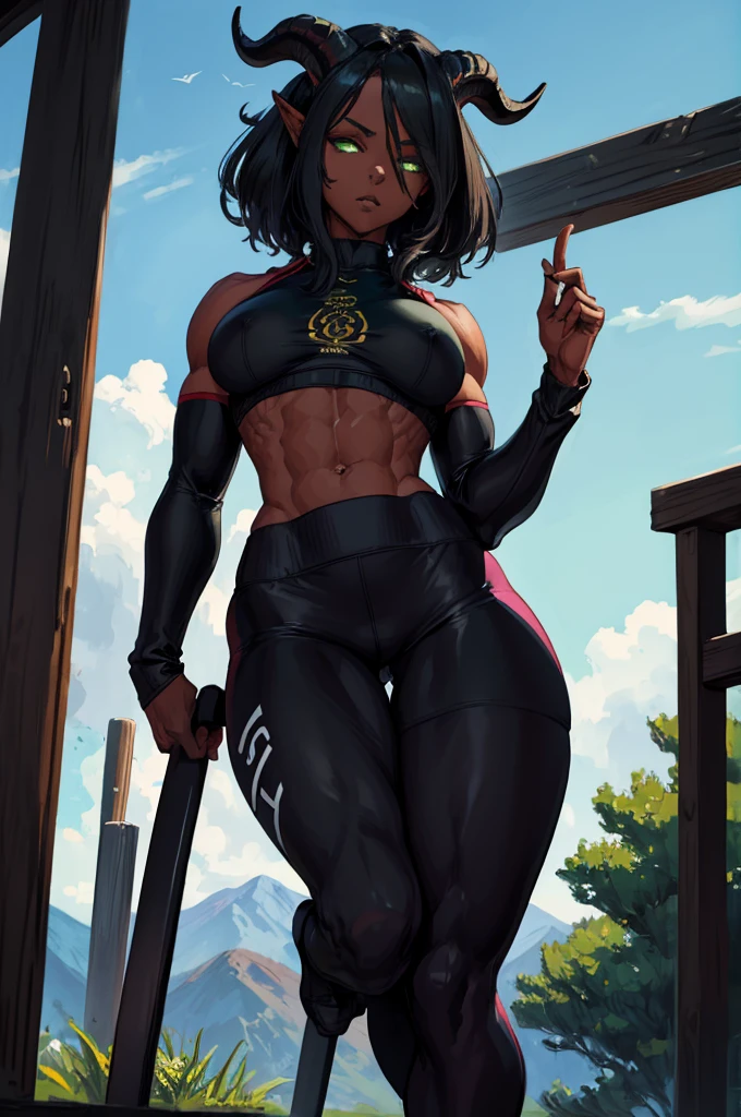 (Masterpiece) (High Detail) (High Res) (Black Skin) Looking from below A young black humanoid FutEred with dark skin and ebony flesh and green eyes and short black hair and goat ears and short dark goat horns and a toned teen body and small to average breasts wearing gym clothing sweats