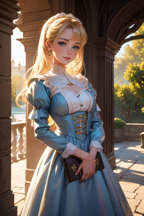 Highly detailed RAW color photo, 15 years old Virginia Otis in a victorian sexy dress, pixar style, in the style of bright 3D objects, She has a cartoon smile, tanned skin and rosy cheeks, a social contest winning photograph, dress, she holds the edge of t...
