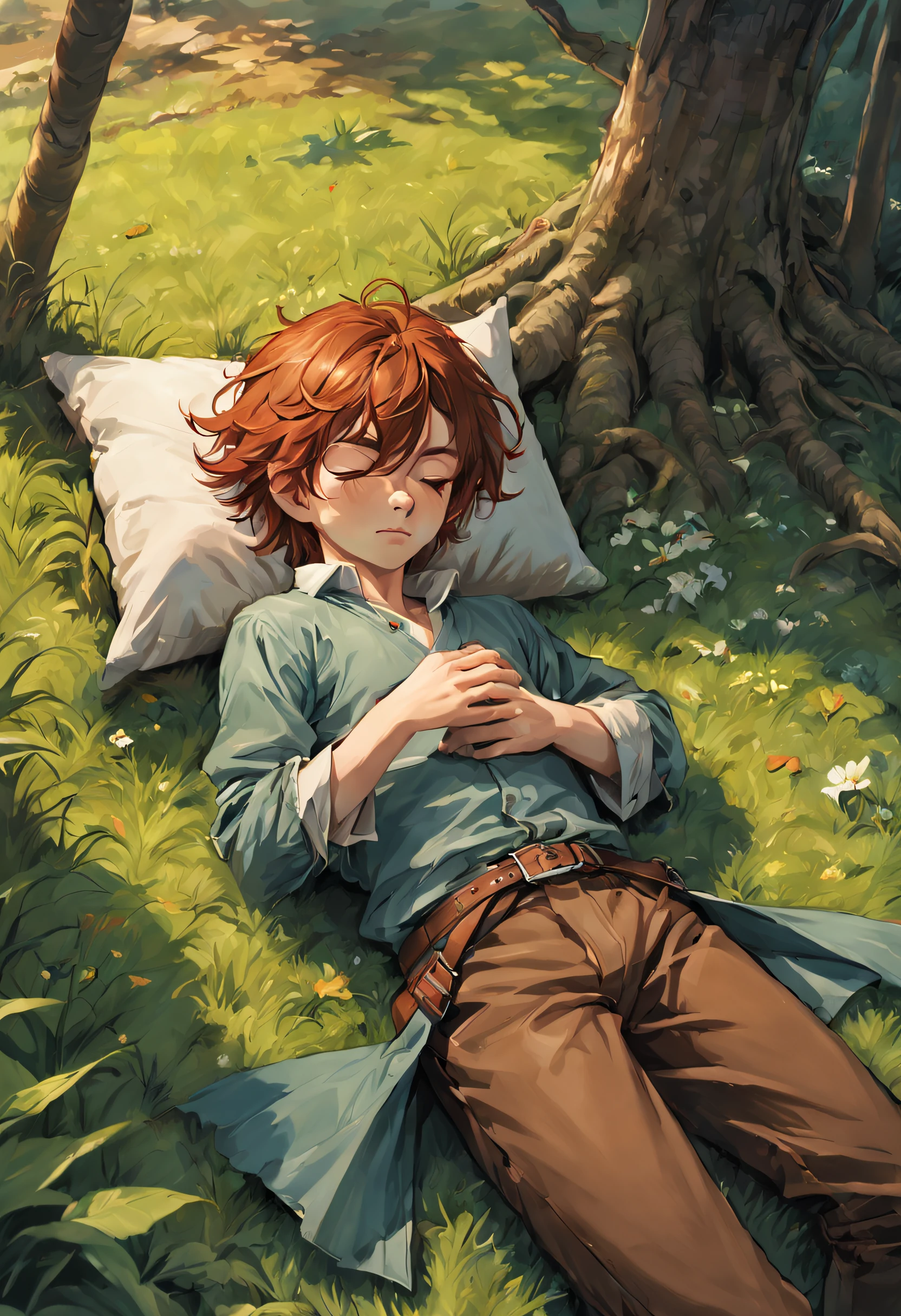 master part,Realistic,best quality, ultra-detalhado, stunning illustration, mescla 2d com anime, um bardo jovem, majo, is sleeping on the grass, um alaude do seu lado esquerdo, dynamic position, wide view, Roupas de bardo, dramatic light effect, cabelos vermelhos curtos, olhos castanhos escuros, pele branca, similar appearance to Kvothe from The Name of the Wind