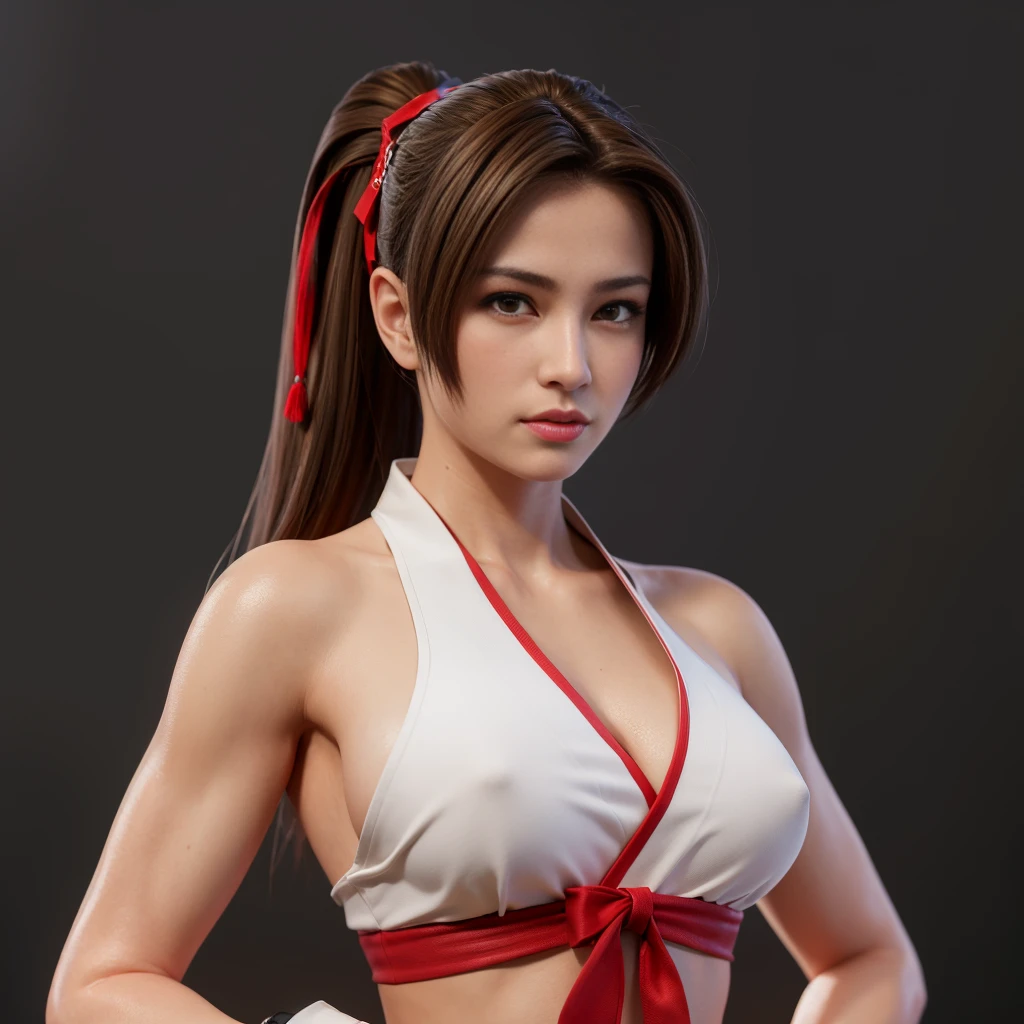 (best quality,ultra detali),(Realistic:1.37),Mai Shiranui, beautiful and detailed face, ultrarealistic texture, 精致的面容, angry expression, Delicate body, Fit physique