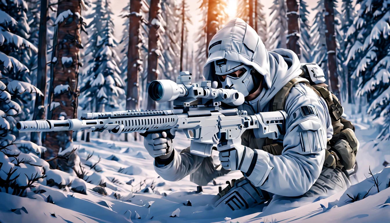 A soldier wearing a white camouflage uniform is crawling in the snow, holding a sniper rifle and aiming at the target. His body is covered with white snow, white hood, mask, white future technology camouflage clothing, heavy snow, forest, snow, future technology sniper rifle