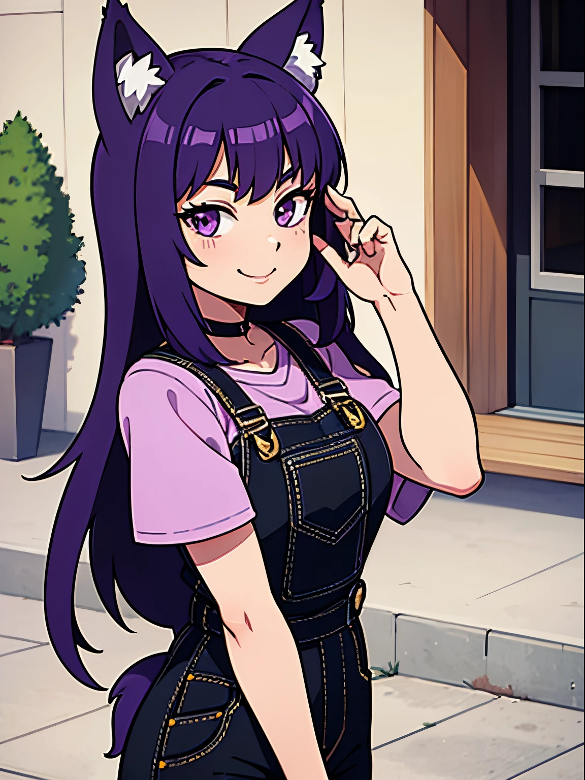 Anime girl with purple hair and cat ears talking on a cell phone - SeaArt AI